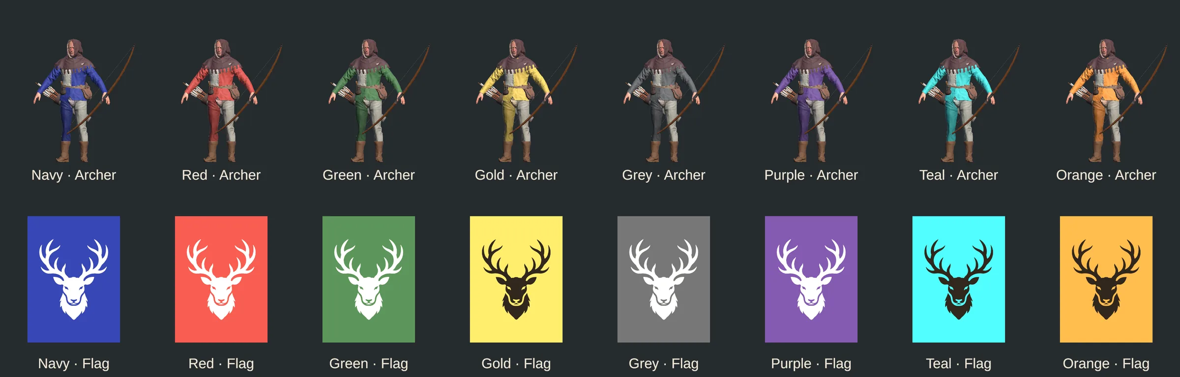 Actual Archer units and Stag flags in Navy, Red, Green, Gold, Grey, Purple, Teal and Orange.