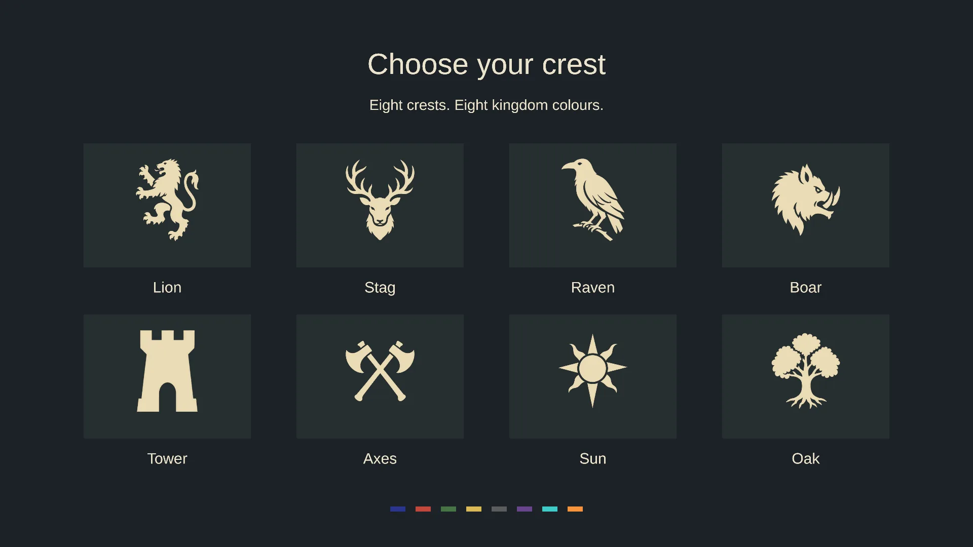 The eight selectable crests: Lion, Stag, Raven, Boar, Tower, Axes, Sun and Oak.