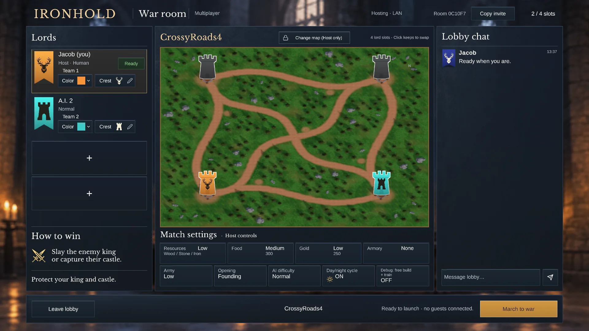 Current multiplayer lobby with lord slots, map preview, colours, crests and match settings.