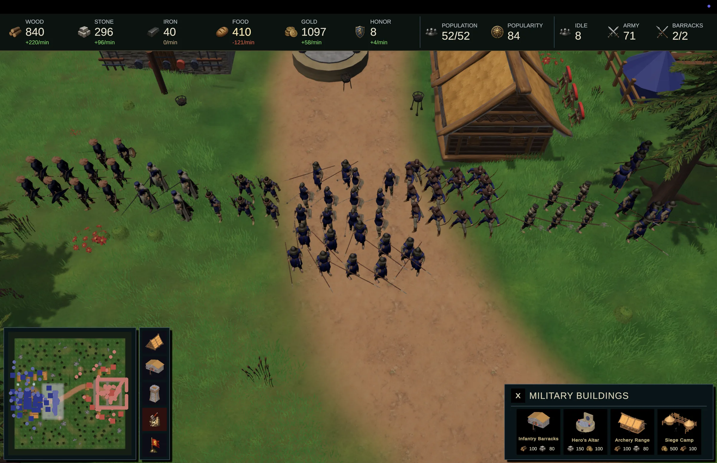 Current RTS gameplay showing an army assembling in a settlement, resources and minimap.