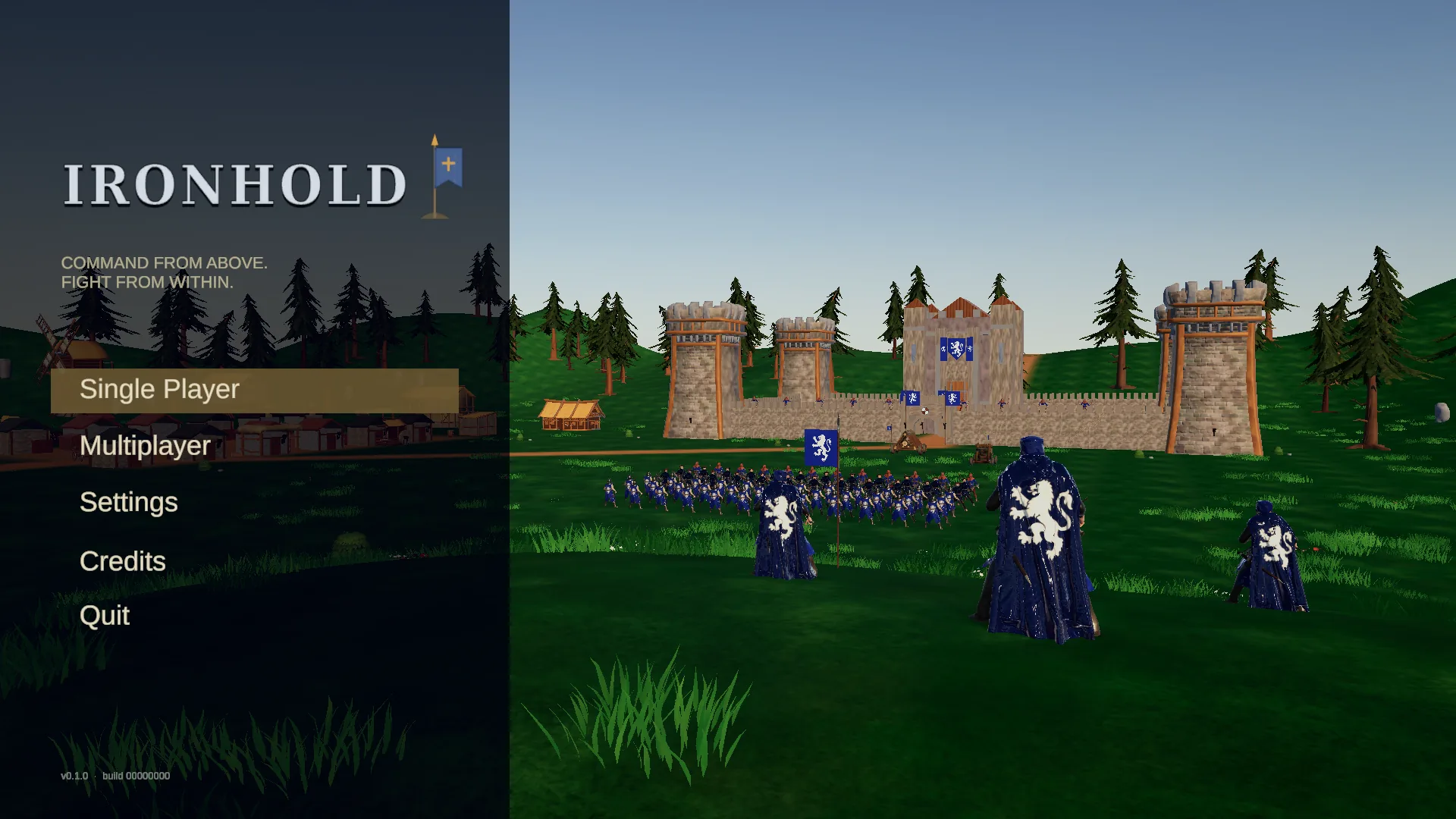 Current Ironhold title screen over the staged blue Lion army showcase.